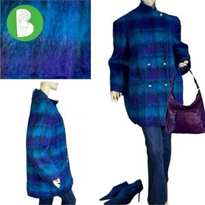 VINTAGE 1980'S GEORGE DAVID FASHIONS TURQUOISE & PURPLE PLAID MOHAIR COAT (14)